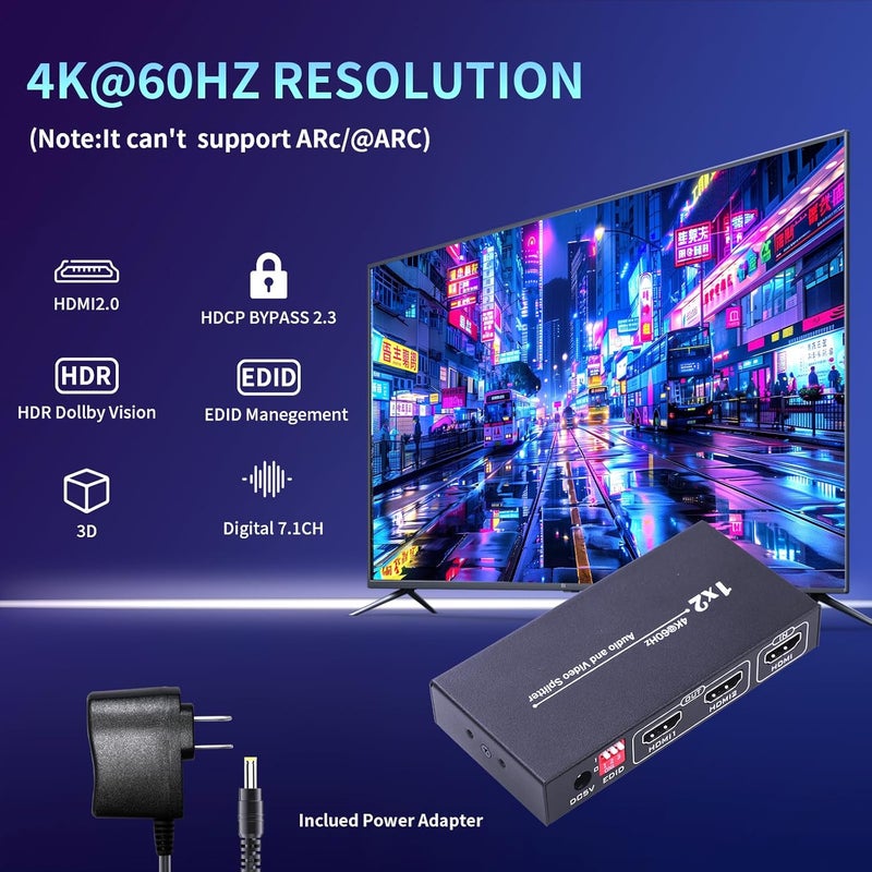 Ouluoa HDMI Splitter 1 in 2 Out 4K@60Hz - HDCP 2.2 & HDR10 Support | 18Gbps HDMI 2.0, EDID Management | Compatible with Roku, Fire TV, PS4, Xbox, 4K TV, Blu-Ray Player - Image 4